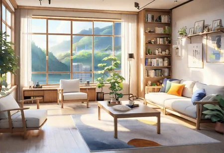 anime-style, modern-style interior, with white walls and large windows, Nordic-style furniture, a  study, Sofa, coffee table, bookcase, single wall, 
warm light morning sun, the view of the city