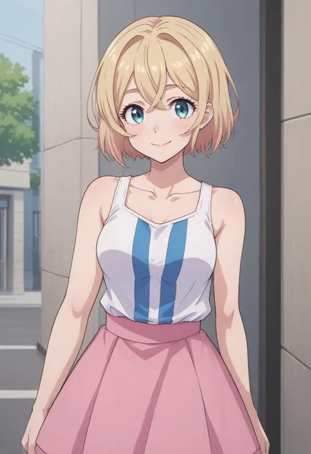 score_9, score_6_up, source_anime, 1girl, solo, outdoors, cowboy shot, mami, short hair, blonde hair, blue eyes, white shirt, (horizontal:1.2) stripes, blue stripes, striped shirt, blue straps, bare shoulders, collarbone, (layered:1.2) skirt, pink skirt, smile <lora:rent_a_girlfriend_XL:1>