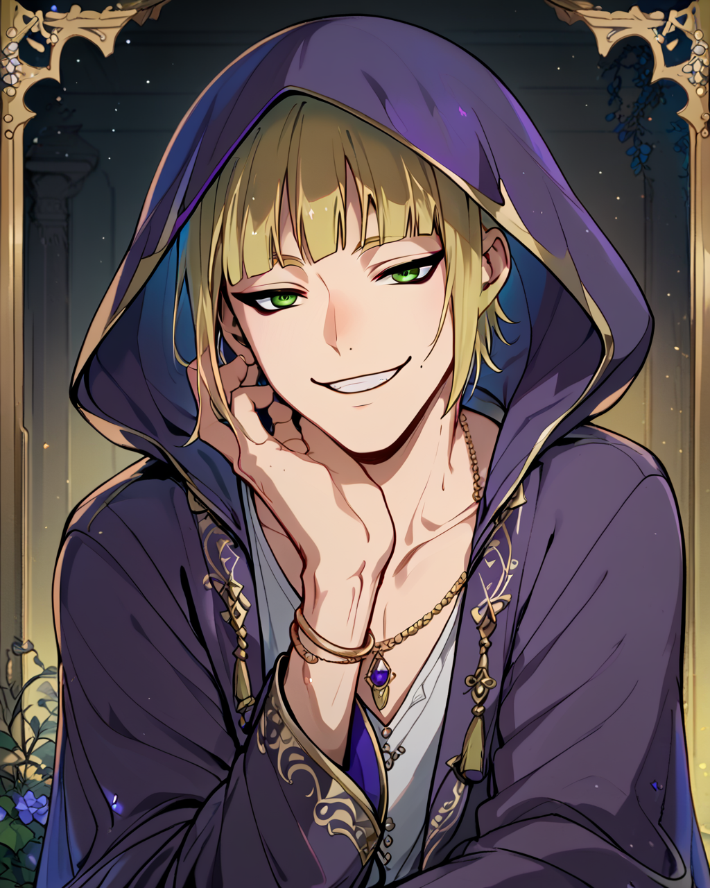 <lora:Rook HuntPDXL_v1:1>Rook HuntPDXL, 1boy, solo, male focus, smile, looking at viewer, Ceremonial attire, shirt, dark purple hood up,, <lora:Expressive_H:0.8> ExpressiveH<lora:LineArt Mono Style LoRA_Pony XL v6:0.8><lora:J_cartoon:0.8> j_cartoon score_9, score_8_up, score_7_up,