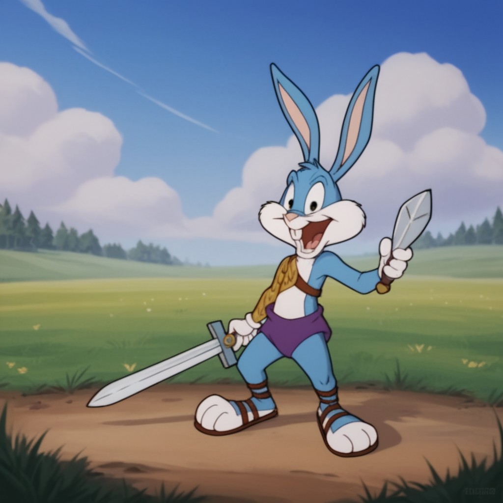 score_9, score_8_up, score_7_up, score_6_up, score_5_up, score_4_up, source_furry, bustertta, anthro, male, bunny, blue fur, buck teeth, outside in a field, holding, sword, gladiator outfit, sandals