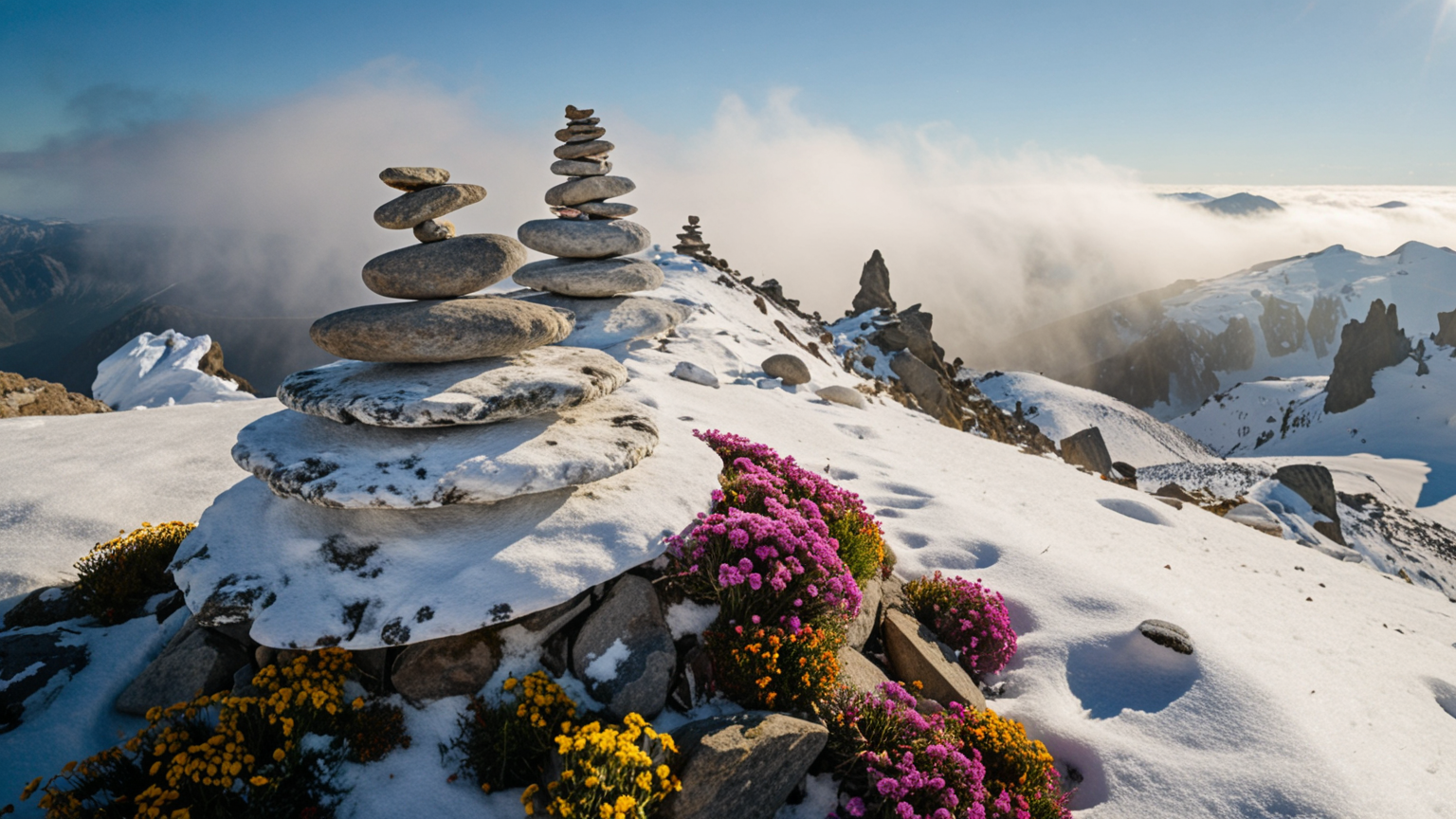 masterpiece,best quality,amazing quality,high resolution,ultra-detailed,absurdres,HDR,8K,high contrast,realistic,muted lithing,sharp focus,fine details,
A cinematic scenic photography of the view On a wind-scoured ridge marked by lonely stone cairns where alpine wildflowers cling to rocky soil. At winter midday, bright sun reflects off crystalline drifts, crisp shadows carve every mound, and swirling vapor drifts through frozen spires. ,
