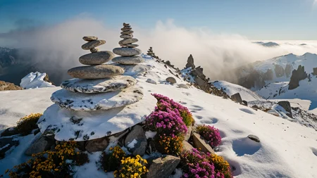 masterpiece,best quality,amazing quality,high resolution,ultra-detailed,absurdres,HDR,8K,high contrast,realistic,muted lithing,sharp focus,fine details,
A cinematic scenic photography of the view On a wind-scoured ridge marked by lonely stone cairns where alpine wildflowers cling to rocky soil. At winter midday, bright sun reflects off crystalline drifts, crisp shadows carve every mound, and swirling vapor drifts through frozen spires. ,