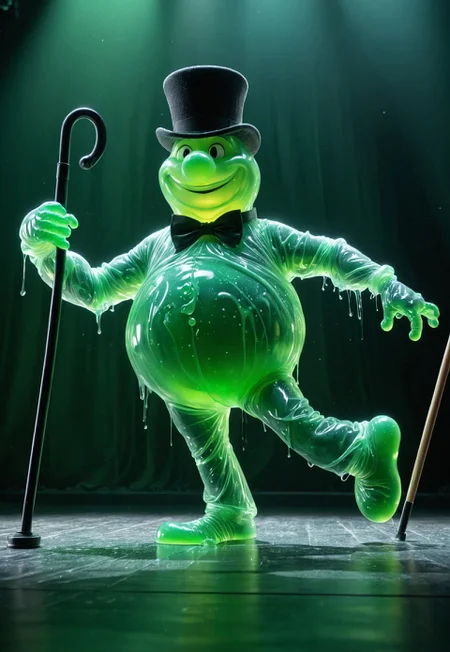 Close-up , Cinematic move film still of CGI translucent green blob with arms and legs wearing a top hat and holding a black cane, of Slim dancing in a thearter stage show spotlight from the Flubber movie, , 4k , 8k , UHD