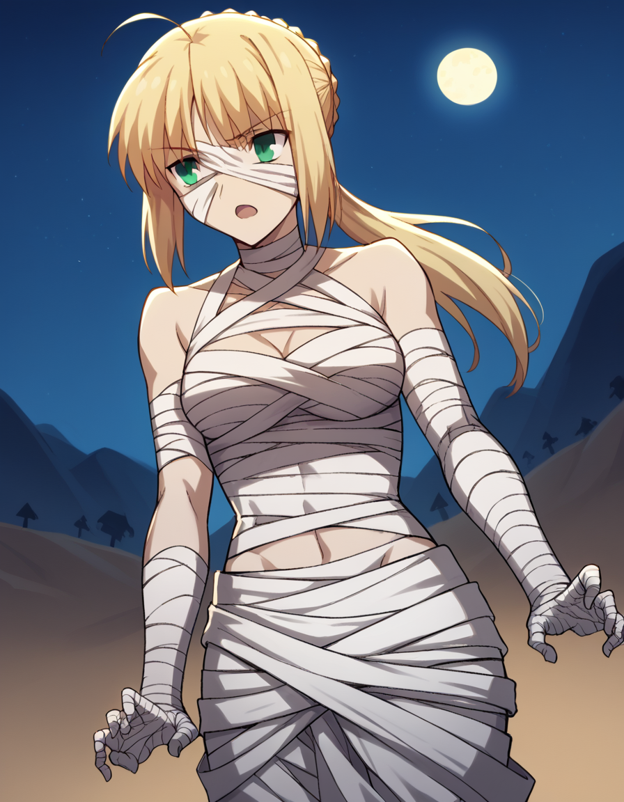 score_9, score_8_up, score_7_up, source_anime, <lora:artoria-pendragon-zero-ponyxl-lora-nochekaiser:1>, artoria pendragon, artoria pendragon (fate), saber, long hair, blonde hair, green eyes, ponytail, ahoge, medium breasts,, <lora:mummy-costume-ponyxl-lora-nochekaiser:1>, mummy costume, bandages, halloween costume, bandaged arm, zombie pose, bandage on face,, desert, moon, night, open mouth, , dutch angle, cowboy shot