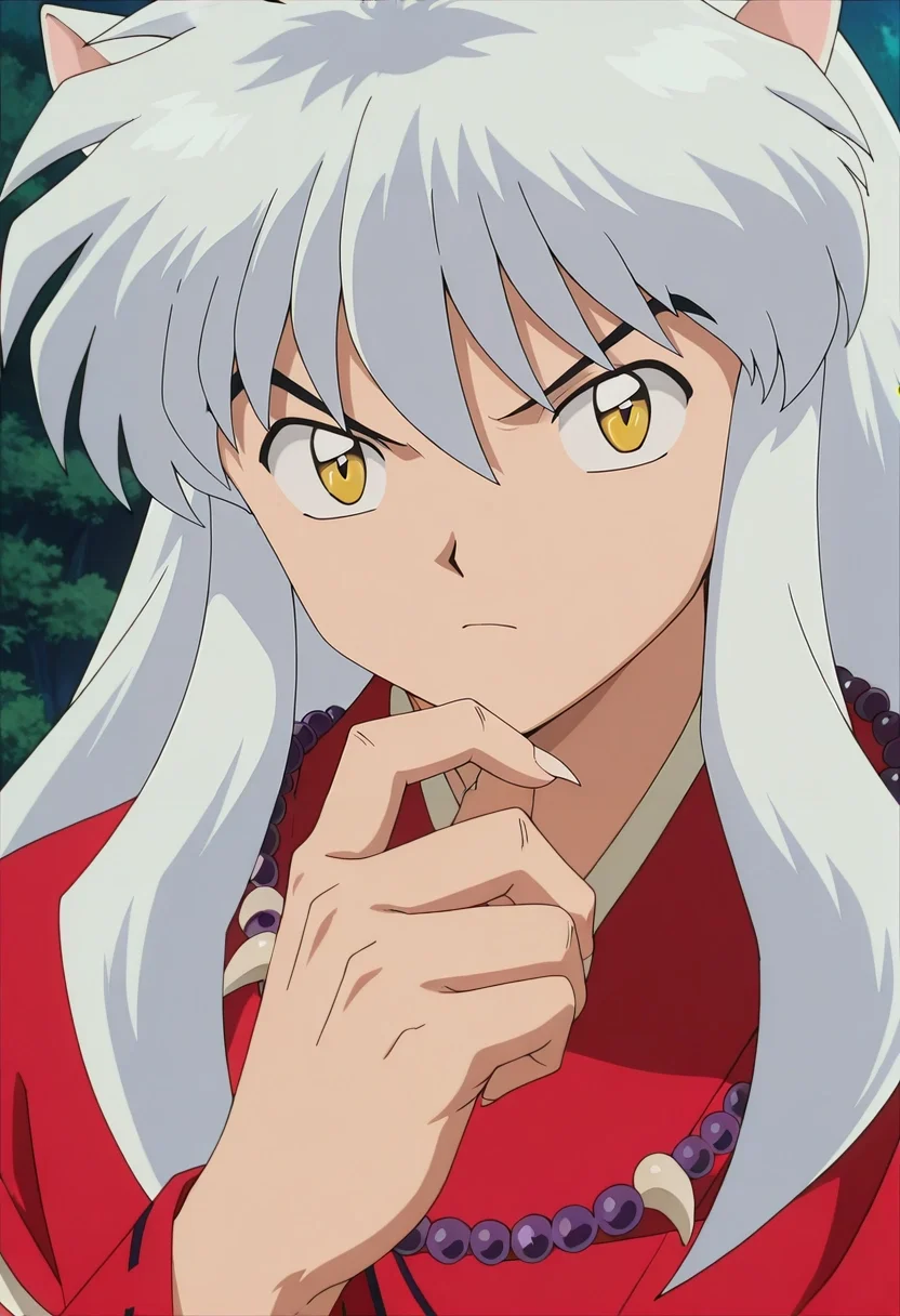 masterpiece, best quality, intricate details, anime screencap, anime coloring, , looking at viewer, , 1boy, solo, male focus, <lora:inuyasha_ilxl:0.94>, inuyasha, white hair, yellow eyes, animal ears, dog ears, long hair, , , , fingernails, sharp fingernails, ,