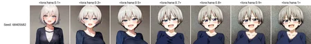 1girl, solo, bangs, uzaki hana, blue eyes, short hair, large breasts, grey hair, fang, open mouth, skin fang, smile, smug, hair between eyes, :d, looking at viewer, blush, portrait, shirt, half-closed eyes, simple background, grey background, <lora:hana:0.1><hypernet:sgqo1n:1>