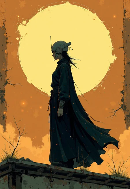 This digital artwork depicts a helmeted, robed figure standing on a rooftop in a profile side view shot. The background is dominated by a large bright circle, an abstract symbolic depiction of the sun. The figure, likely female, wears a dark, flowing cloak and wears an even metalic helmet. The background features a textured, earthy brown wall. The image is lit from above, casting long shadows. The composition is minimalist with a dramatic, contemplative mood. The camera angle is low and slightly behind the figure, emphasizing the cloak's billowing fabric.