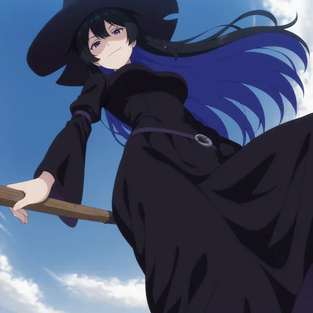 <lora:Tinasha_-_Unnamed_Memory:1> tinasha, 
1girl,solo,
black dress, witch hat, witch outfit,
flying, riding broom,
full body, 
from below,looking at viewer, smirk,
masterpiece,best quality,amazing quality, 
outdoors, blue sky,