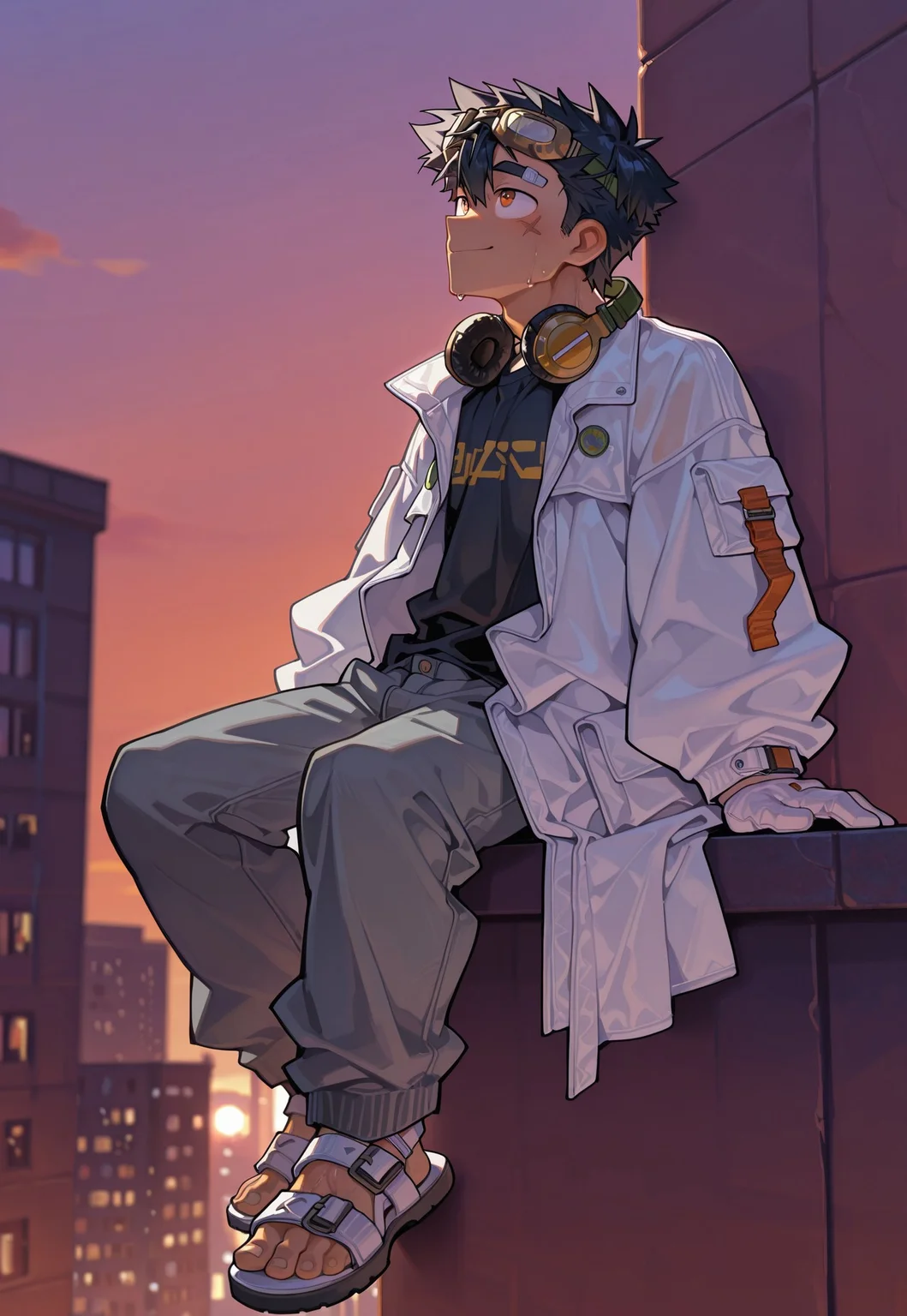 ra1ny, masterpiece, best quality, amazing quality, 1boy, solo, male focus, orange eyes, short hair, black hair, grey pants, white coat, black t-shirt, bandaid, white gloves, sandals, goggles on head, toned skin, headphones around neck, sweat, sitting on building, on top of building, evening, outdoors, side view, looking up, busy street, smile