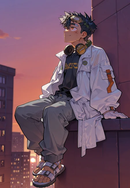 ra1ny, masterpiece, best quality, amazing quality, 1boy, solo, male focus, orange eyes, short hair, black hair, grey pants, white coat, black t-shirt, bandaid, white gloves, sandals, goggles on head, toned skin, headphones around neck, sweat, sitting on building, on top of building, evening, outdoors, side view, looking up, busy street, smile