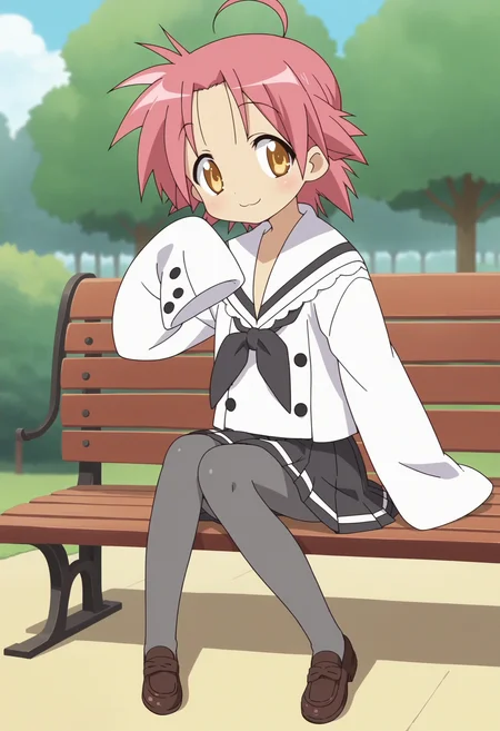 score_9, score_8_up, score_7_up, score_6_up, score_5_up, score_4_up , anime coloring ,BREAK source_anime, anime,screencap,
 1girl, solo, lsakira, black skirt, school uniform, grey pantyhose, sleeves past wrists, sleeves past fingers, oversized clothes, brown loafers, <lora:PonyXL LS Akira V1:1>
outdoors, park, bench, sitting on bench, trees, bush,
smile, cheerful, looking at viewer,