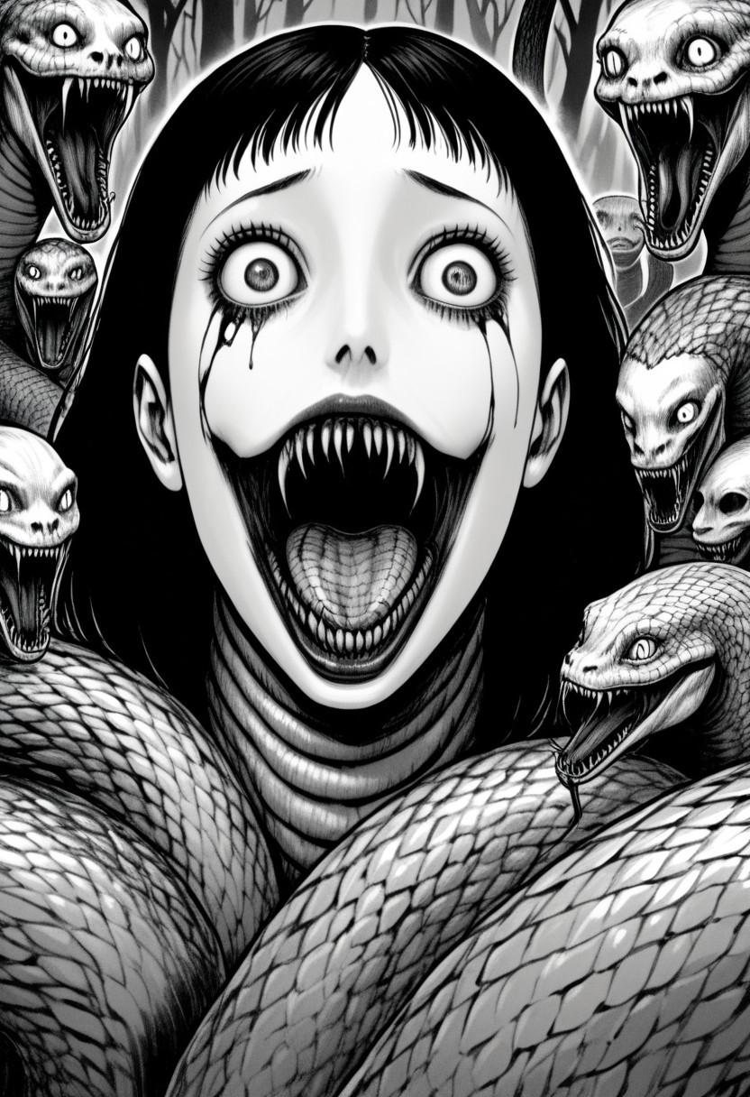 Snake woman, mouth open, jaw unhinged, serpent eyes, lamia, naga, nightmare fuel, horror, junj11t0, junji ito, monochrome, creepy, manga