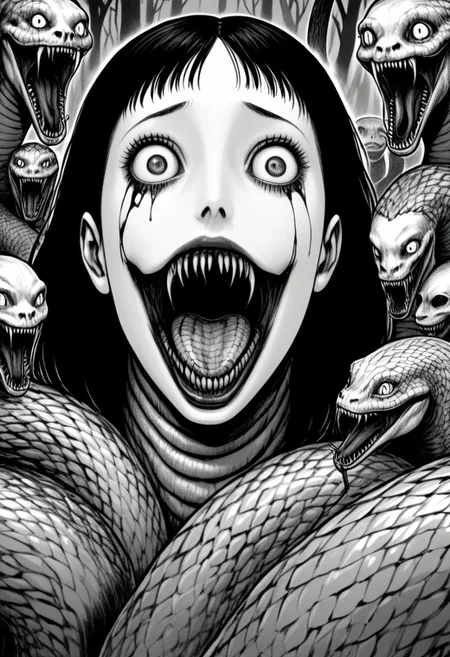 Snake woman, mouth open, jaw unhinged, serpent eyes, lamia, naga, nightmare fuel, horror, junj11t0, junji ito, monochrome, creepy, manga