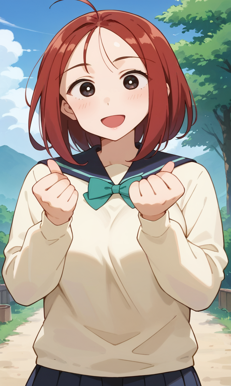 (1girl:1.5), (solo:1.3), (score_9, score_8_up, score_7_up, score_6_up, score_5_up, score_4_up), (source_anime), rating_questionable, looking at viewer, (upper body:1.3), (yellow untucked sweater, oversized clothes, long sleeves, blue sailor collar, green bowtie, blue skirt, pleated skirt, miniskirt, white socks, black footwear), (large breasts), <lora:shiwasu-mari_v1:0.9> (shiwasu-mari), (black eyes, red hair, medium hair, parted bangs, parody hair), (smile, open mouth, wide mouth), 
outdoors, blue sky, hands up,  (troubled eyebrows:1.3), pointing at another,