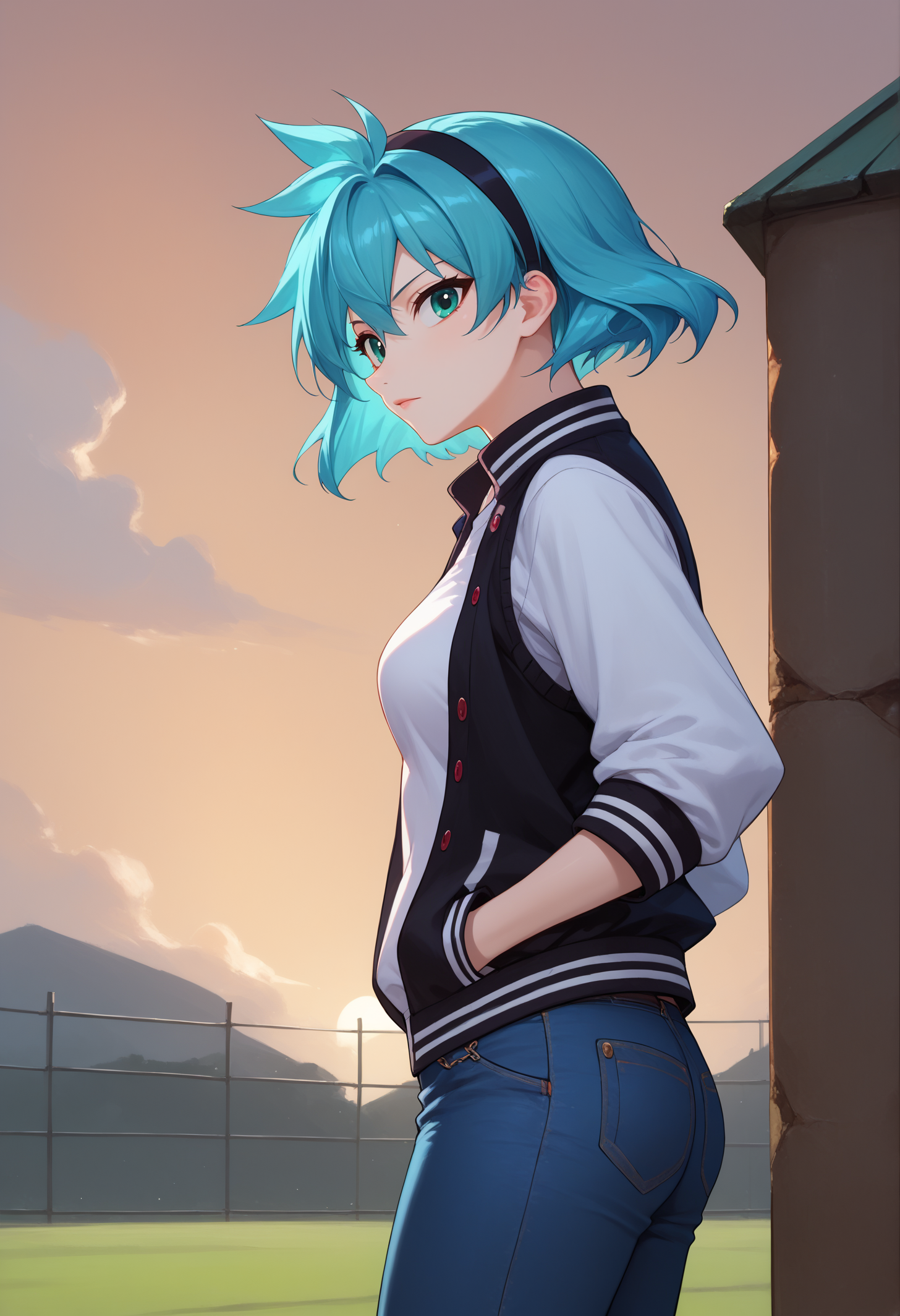 score_9, score_8_up, score_7_up, BREAK 1girl, solo, mgisb, aqua eyes, aqua hair, short hair, medium breasts, <lora:MeiaGisbornPDXL_V1-Manityro-CAME:1.0>,
black headband, letterman jacket, tank top, jeans, hands in pockets,
looking at viewer, side view,
outdoors, sports field, chain-link fence, sunset,