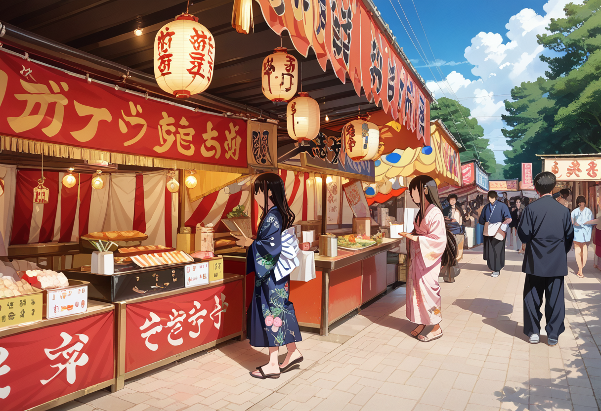 score_9, score_8_up, score_7_up, rating_safe, masterpiece, best quality, absurdres, unity 8k wallpaper, official art, official style, source_anime, uncensored, game cg, megami magazine,
omatsuri, food stand, outdoors, japanese clothes, sky, scenery, kimono, tree, day, multiple girls, food, multiple boys, festival, pavement, long hair, lantern, cloud, road, solo focus, blue sky, sandals, walking, crowd, standing, 1girl, paper lantern, yukata,  photo background, 
<lora:omatsuri_PONY_V1:1>