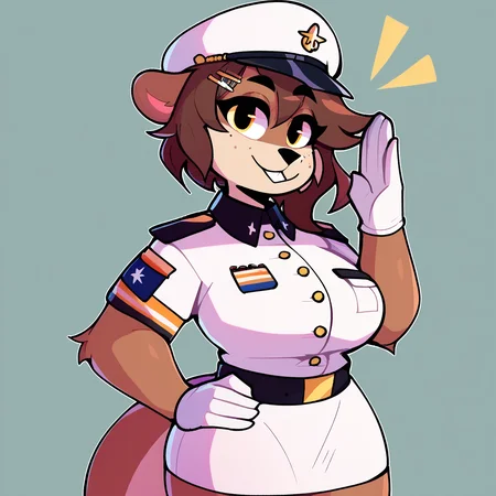 score_9_up, score_8_up, score_7_up, score_6_up, half-length portrait, by remanedur, furry female, otter, female, furry, short hair, yellow eyes, dark brown hair, looking at viewer, hairclip, big breasts, military, white uniform, white short skirt, (salute), high heels, solo, smile, happy, three-quarter view, head tilt, white gloves, hairclip, standing, white hat, brown body, simple background, <lora:Leah_Pines(AIM)_XL_v1:0.9>, <lora:PDXL_artist_tags_v2_big:0.7> <lora:The-Minuscule-Task_PDXL_v1.0:0.6> <lora:Pearl_Aurora_v2_WirelessShiba:0.3>