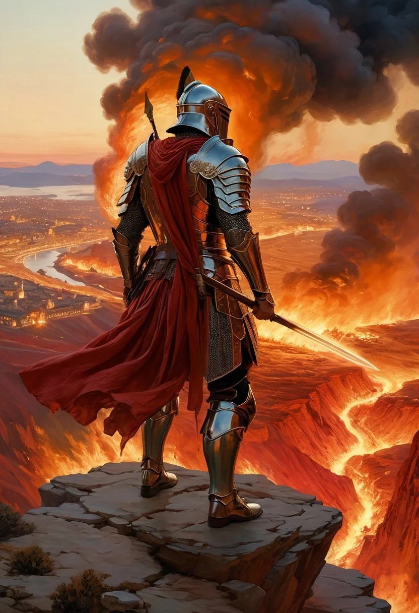 A legendary warrior standing on edge of cliff, overlooking a burning city.