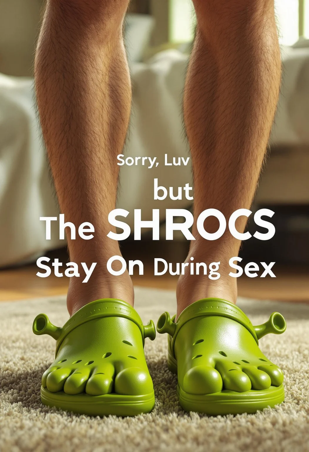 A hyper-realistic close-up of a pair of legs wearing Shrek-themed green crocs, standing on a bedroom floor. The crocs are vividly green with realistic textures, including ogre ear details, and a glossy finish. The lighting is soft and natural. A bold text overlay reads: "Sorry Luv, but the SHROCS stay on during sex" seamlessly integrated into the scene. The atmosphere is humorous yet grounded, with a touch of surrealism. Rendered in ultra-high detail, with lifelike textures, realistic skin tones, and precise lighting