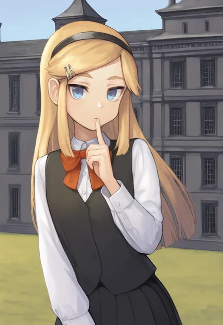 masterpiece, best quality, 1girl,  Kojikira, blonde hair, long hair, blue eyes, hairband, hairclip, red bowtie, black vest, white shirt, black skirt, long sleeves, long skirt, outdoors, mansion, looking at viewer, finger to mouth,    <lora:Akira IXL 2  -000012:1>