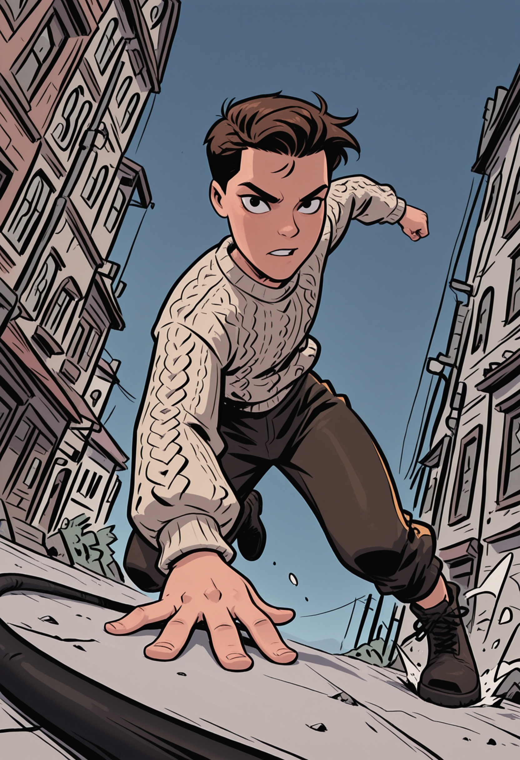cartoon, masterpiece, best quality, amazing quality, 4k, high resolution, absurdres, newest, 1man, man, very short hair, sideswept bangs, Cable Knit Sweater, Cricket trousers, male focus, dynamic pose, action, foreshortening, dynamic angle, male focus,