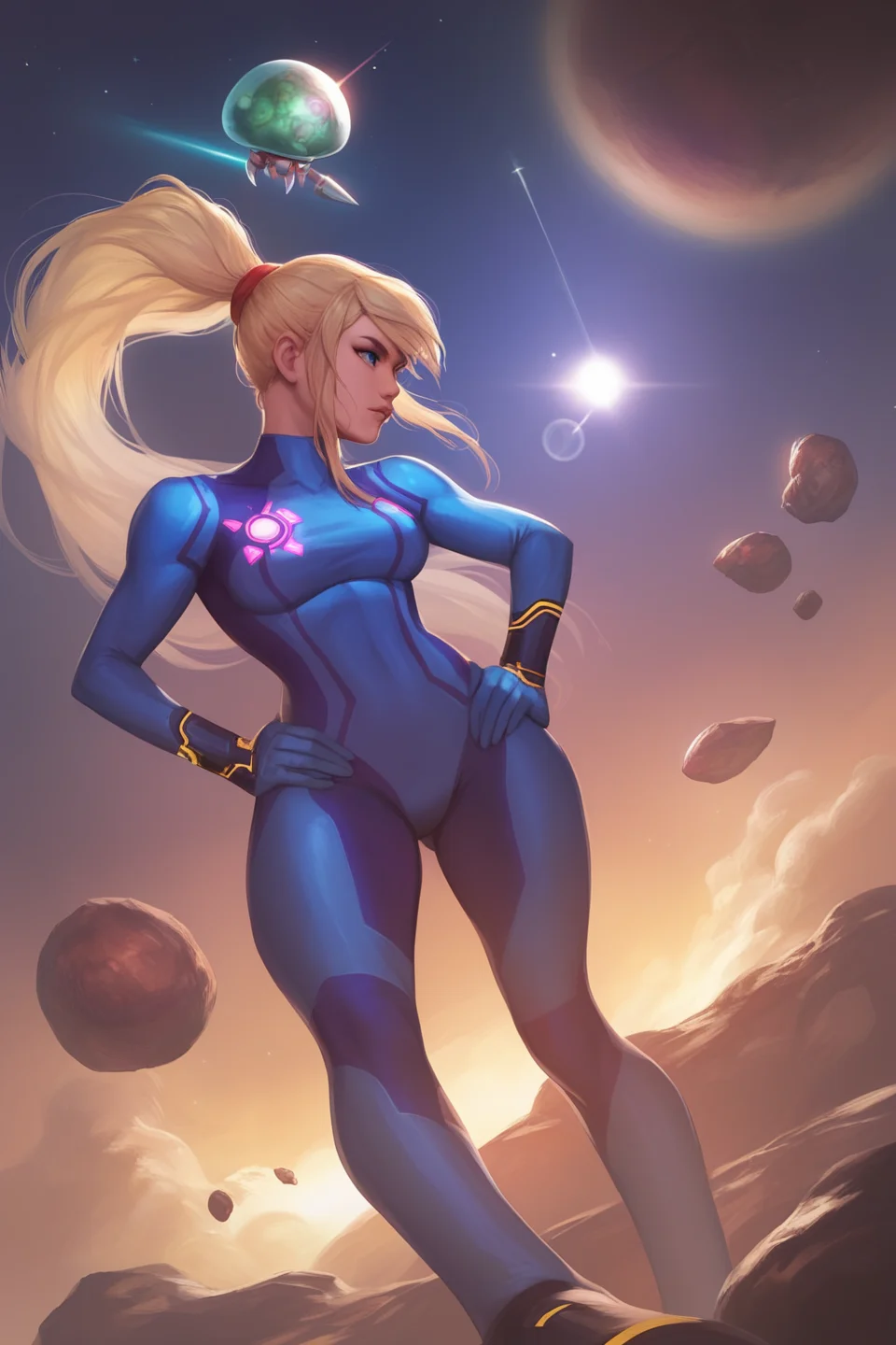 score_9, score_8_up, score_7_up, score_6_up, score_5_up, score_4_up, official art, 1girl, metroid prime, gravity suit, pose, looking away, poster, space, comet, rock, solar eclipse, lens flare, helmet off, long blonde hair, ponytail, purple power suit, blue eyes, hands on hips, lips, upper body, <lora:samus-xl-nvwls-v1:.6> defsamus, <lora:Calmlike_V3:.8> calmfd,