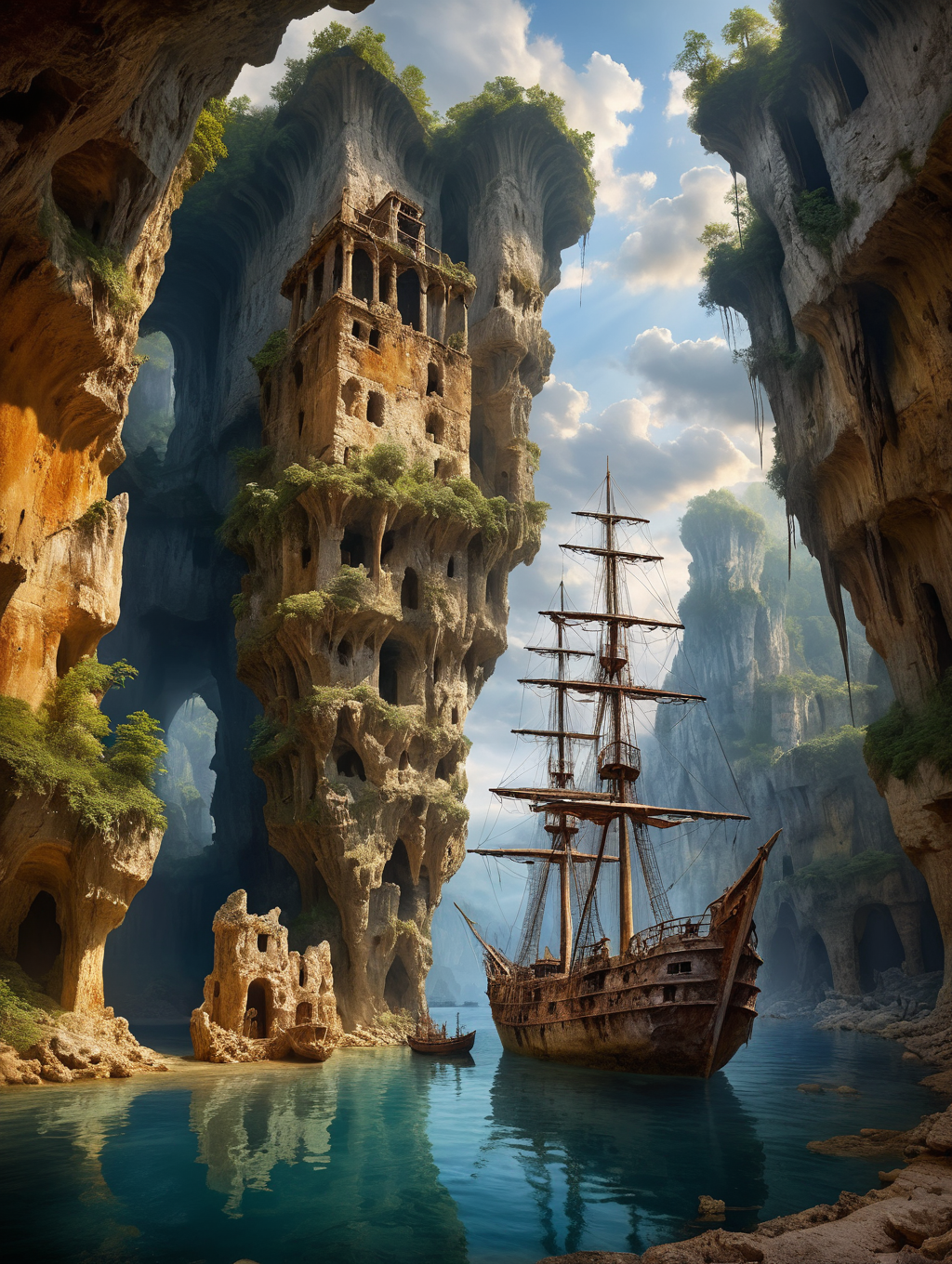 oil painting, Ship and Grotto, 34K uhd, masterpiece, high detail, 8k, intricate, detailed, high resolution, high res, high quality, <lora:add-detail-xl:1.8>, highly detailed, Extremely high-resolution details, fine texture,
