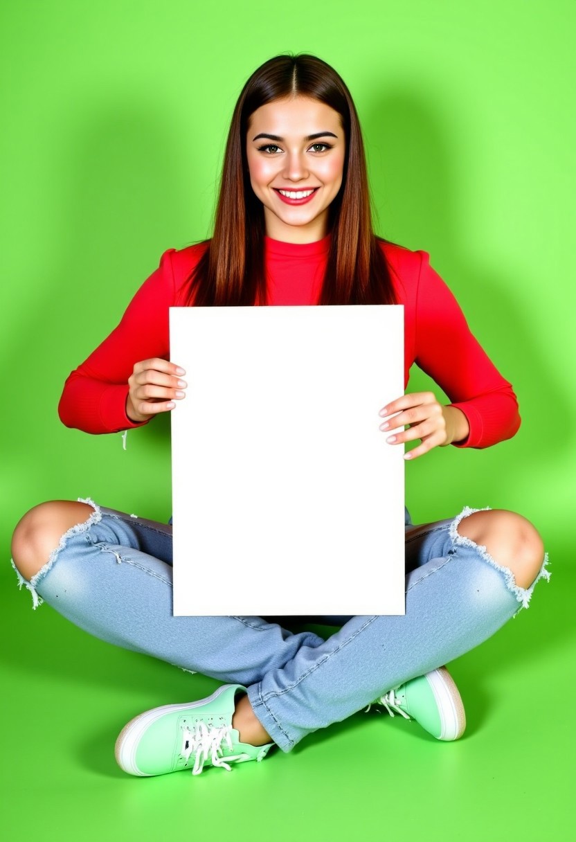 A photograph of a young Caucasian woman with long, straight, light brown hair and fair skin, sitting cross-legged on a green background. She is smiling, wearing a bright red long-sleeved top and light blue, slightly distressed jeans with a knee patch. Her mint green sneakers have white laces and soles. She holds a large, blank, white blank placard on her lap, facing the camera. The overall image is bright and cheerful, with a minimalist, clean aesthetic.
Cute_Holders, ( aidmafluxpro1.1 )