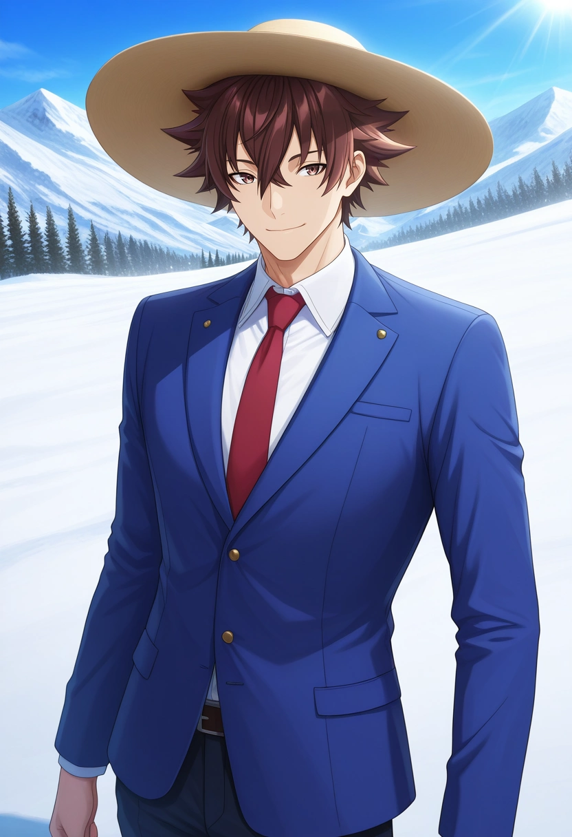 masterpiece, best quality, intricate details, (realistic:0.6),, 1boy, solo, male focus, <lora:yuuya_tenjou_ilxl:0.94>, yuuya_tenjou, brown hair, brown eyes, short hair, hair between eyes, spiked hair, bangs, white shirt, collared shirt, blue jacket, red necktie, wide angle, wide shot, cowboy shot, snowy mountain, light, pose, seductive smile, , sun hat