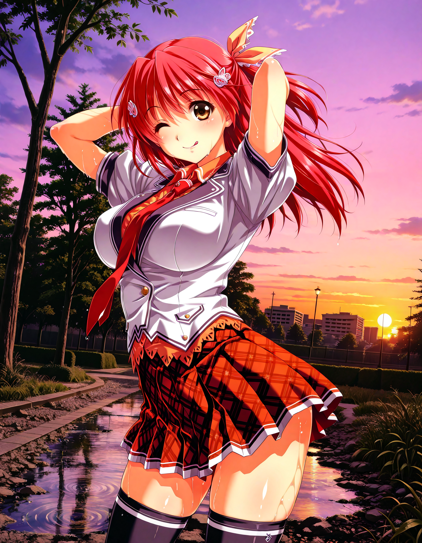 (1girl, solo:1.3), (2girls, 3girls, 4girls, multiple girls, 2boys, 3boys, 4boys, multiple boys:-1.5) <lora:Kohinata_Yuuka_Koi_Mekuri_Clover_Illustrious:0.9>, kohinata_yuuka, large breasts, brown eyes, red hair, long hair, bangs, hair between eyes, hair ribbon, hair ornament, school uniform, red necktie, necktie, plaid skirt, thighhighs, smile, (tongue out:0.7), one eye closed, general, contrapposto, dynamic pose, arms behind head, portrait, from side, pov, dutch angle, outdoors, central park, tree, weeds, cityscape, sky, cloud, after rain, wet ground, sunset, reflection, <lora:NOOB_EPSv1_1_detailer_by_vlnvk_v1_0:1.5>, (photo background:0.7), evening, (tachibana yuu:0.6), inue shinsuke, (kazuma muramasa:0.0), saikawa yusa, (aoi manabu:0.6), abarerumidori, (suzui narumi:0.6), masterpiece, newest, absurdres, 8K, anime screenshot, anime coloring, flat color, official art, film grain, <lora:illustriousXLv01_stabilizer_v1.185c:0.7>, <lora:LECO_Solo:-4.0>,