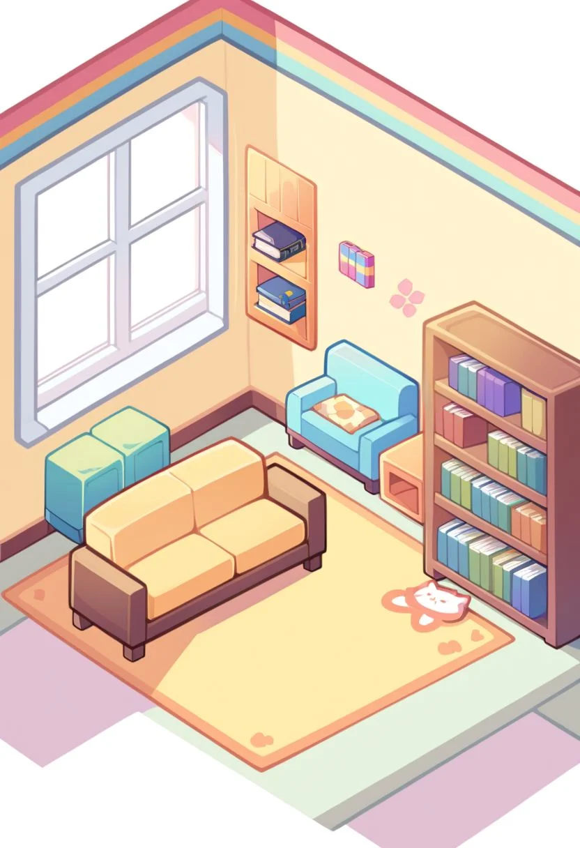 topdown, isometric,
no shadows, cartoon look,
no humans,
furniture,cute style, joyful atmosphere, cat ears,
colorful design,
couch, book shelve, big room, flyffy rag, window, light