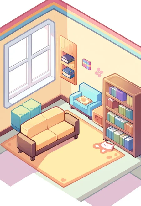 topdown, isometric,
no shadows, cartoon look,
no humans,
furniture,cute style, joyful atmosphere, cat ears,
colorful design,
couch, book shelve, big room, flyffy rag, window, light