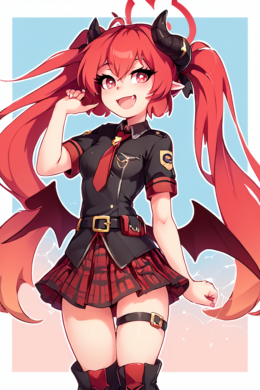 score_9, score_8_up, score_8, medium breasts, (curvy), cute, eyelashes,       BREAK, , ,,, zzJunko, red eyes, red hair,  red halo, horns, long hair, twintails, halo, demon horns, pointy ears, wings, hair between eyes, demon wings, very long hair, black horns, low wings,  ribbon black shirt, pleated skirt, red skirt, short sleeves, plaid skirt, red necktie, thigh strap, belt, fang, black footwear, boots, <lora:Junko_BlueArchive_PDXL:0.8>,   ,,,, BREAK, smile, looking at viewer, ,,, abstract background, white outline, cowboy shot, ,,, embedding:zPDXL, Expressiveh, ,,, <lora:theOtherHalfPDXL:0.8>, <lora:CatalystStylePDXL:0.6>, <lora:SDXLFaeTastic2400:0.5>, <lora:Expressive_H-000001:0.4>,