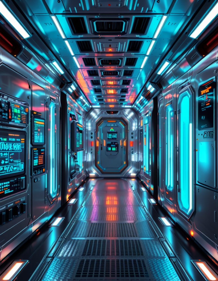 A highly detailed futuristic spaceship corridor, illuminated by soft neon blue and purple lights. The walls are made of sleek metallic panels, with glowing circuits and holographic displays integrated into the design. The floor is reflective and polished, with a faint grid pattern that emits a subtle white glow. Pipes and cables run along the ceiling, interspersed with small ventilation grids and blinking lights. The corridor stretches into the distance, creating a sense of depth, with a slight curve that hints at the massive scale of the spacecraft. The atmosphere feels clean, modern, and slightly sterile, with a sci-fi aesthetic inspired by movies like Blade Runner and Star Wars. The overall lighting is ambient and slightly dim, accentuating the futuristic ambiance. No characters or people are present, focusing entirely on the corridor's architecture and design.<lora:SDXLFaeTastic2400:0.4> <lora:extremely_detailed:0.4> extremely detailed, <lora:futuristic_spaceship_c0rr1d0r:1>,futuristic spaceship c0rr1d0r, Masterpiece,best quality,hi res,8k,hi res,8k,award winning,(sharp focus, intricate, highly detailed),