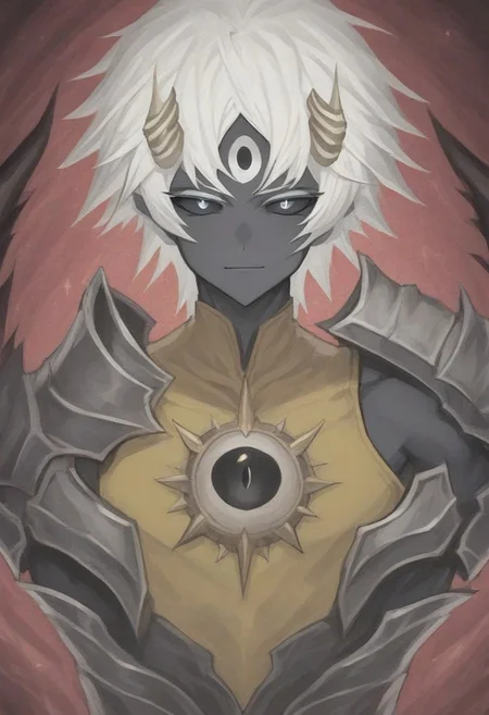 te'kharoth, third eye, tail, horns, short hair, white hair, black sclera, 1boy, silver eyes, sparkle, shoulder armor, upper body, fantasy, magical aura, golden tunic, holding, magical staff,