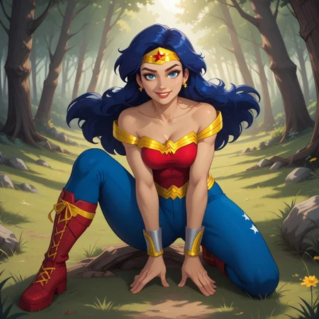 score_9, score_8, BREAK, solo, Diana_Prince_(DC_Super_Hero_Girls), Wonder Woman, blue eyes, long hair, navy-blue hair, dark skin, dark skin female, athletic, fit hourglass figure, earrings, hairband, red shirt with yellow highlights, blue jeans, star printed jeans, red boots, wings on boots, self portrait, smile, looking at viewer, outdoors, sunlight, shadows, evening lighting, natural lighting, forest, trees, grass, orange sky, sunset