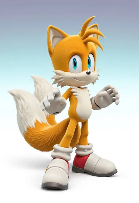 [#furry🦊]side_light,4k,(masterpiece:1.4),(best quality:1.4),(high resolution:1.4),Ultra HD,HDR,(hyperdetailed),smooth lighting,source_anime,very aesthetic,intricate details,intense,highres,vibrant colors,detailed_shadows,detailed_reflections,high-quality textures,depth of field,good shading,studio quality,epic lighting,digital illustration,path_tracing,rtx_on_styled_lighting_and_reflections,<lora:add-detail-xl:1>,looking at viewer,unblurred,perfect composition,intricate details,incredibly absurdres,
[ONLY1boy,#furry,male,anthro_furry,fox,#kitsune,shortstack,miles_tails_prower,\(Sonic The Hedgehog©\),sonic (series),show accurate proportions,((skinny)),soul,emotions,alive,smile,deredere,SFW,Two-tone fur,"furry,detailed body fur,amber-White Fur,Two Tails,White Tipped Tail,white furred muzzle,cheek furred tufts,white furred belly",snout,animal nose,small nose,pointy nose,perfect face,"ultra-detailed-eyes,half-closed eyes,detailed eyes,perfect eyes,(Light Blue eyes:1.5)","perfect hands,perfect detailed fingers,detailed white gloves",red-white shoes]
BREAK fighting stance,ssbbstyle,3d,game model,gradient background,shadow,full body,