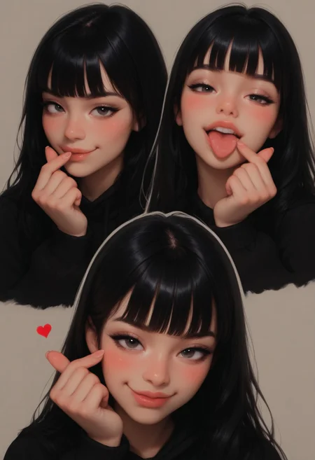 SsssslipperyP0s, 1girl, black hair, long hair, blunt bangs, black hoodie, smirk, tongue out, blush, looking at viewer, finger heart, portrait,