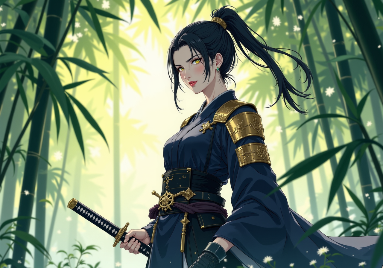 A Japanese woman with sharp features and jet-black hair tied into a high ponytail, her body adorned in dark blue and gold lamellar samurai armor, stands in a peaceful bamboo grove, the sound of rustling leaves and the chirping of cicadas filling the air, her hand resting on the curved hilt of her katana, which is sheathed in an intricate scabbard decorated with delicate crane motifs, her eyes focused and calm as she awaits the arrival of her adversary, the sunlight filtering through the trees casting long shadows on the ground, the smell of fresh earth and distant incense wafting through the grove as the wind gently tugs at the silk ties on her armor., A digital anime artwork in the style of cklg<lora:ck-nc-luminal-genesis-000016.safetensors:1.0:1.0> <lora:PCB_Image_Enhancer_for_FLUX.safetensors:1:1>