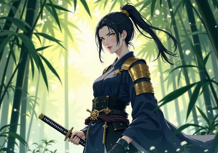 A Japanese woman with sharp features and jet-black hair tied into a high ponytail, her body adorned in dark blue and gold lamellar samurai armor, stands in a peaceful bamboo grove, the sound of rustling leaves and the chirping of cicadas filling the air, her hand resting on the curved hilt of her katana, which is sheathed in an intricate scabbard decorated with delicate crane motifs, her eyes focused and calm as she awaits the arrival of her adversary, the sunlight filtering through the trees casting long shadows on the ground, the smell of fresh earth and distant incense wafting through the grove as the wind gently tugs at the silk ties on her armor., A digital anime artwork in the style of cklg<lora:ck-nc-luminal-genesis-000016.safetensors:1.0:1.0> <lora:PCB_Image_Enhancer_for_FLUX.safetensors:1:1>