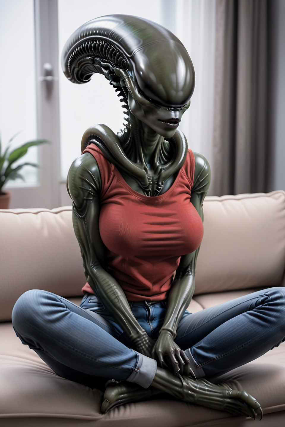 female xenomorph woman sitting on couch in casual clothes, jeans and red top, waifu, tail, cross-legged, frontal view <lora:female_xenomorph_xenowaifu_sdxl:0.8>