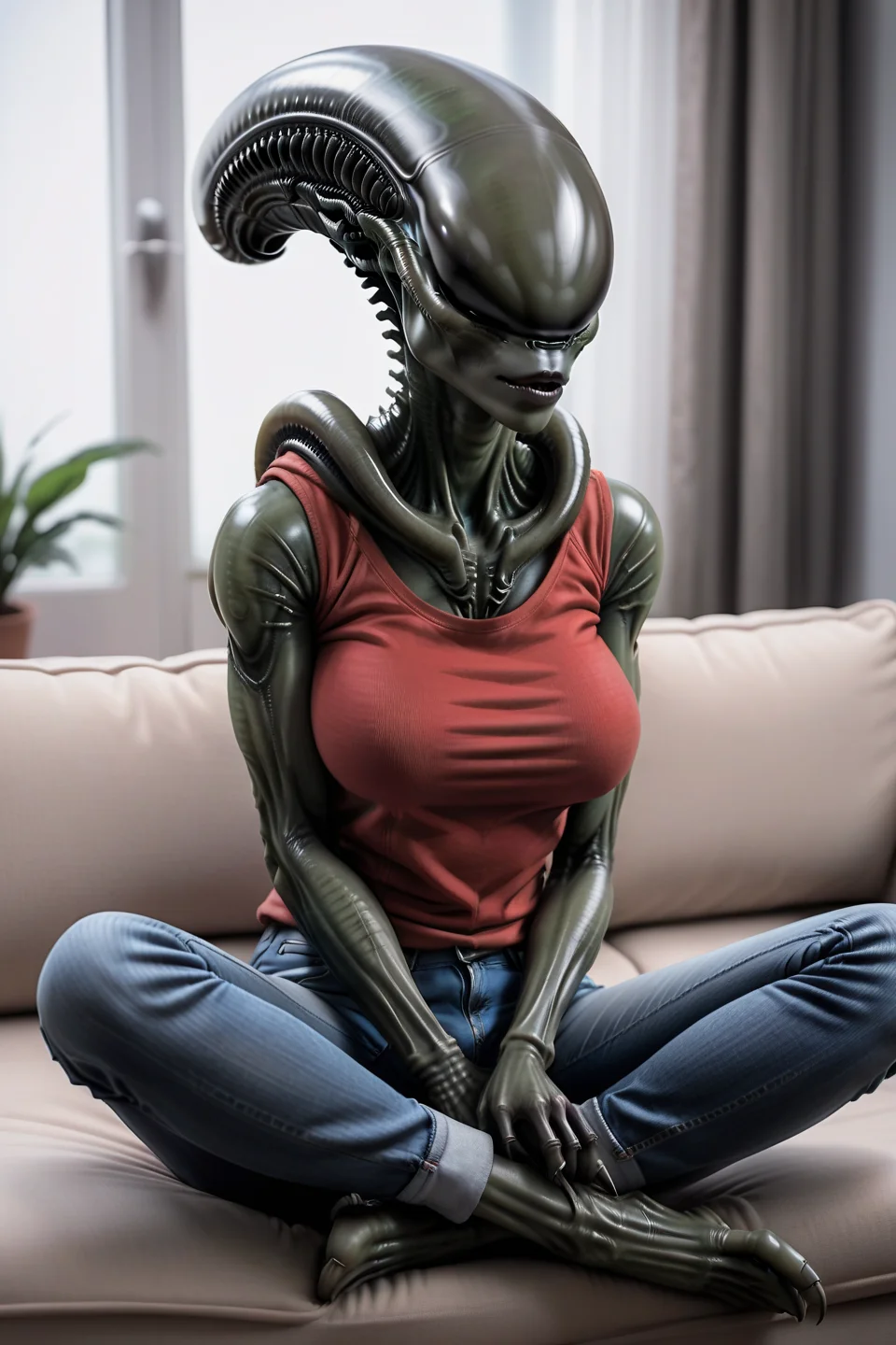 female xenomorph woman sitting on couch in casual clothes, jeans and red top, waifu, tail, cross-legged, frontal view <lora:female_xenomorph_xenowaifu_sdxl:0.8>