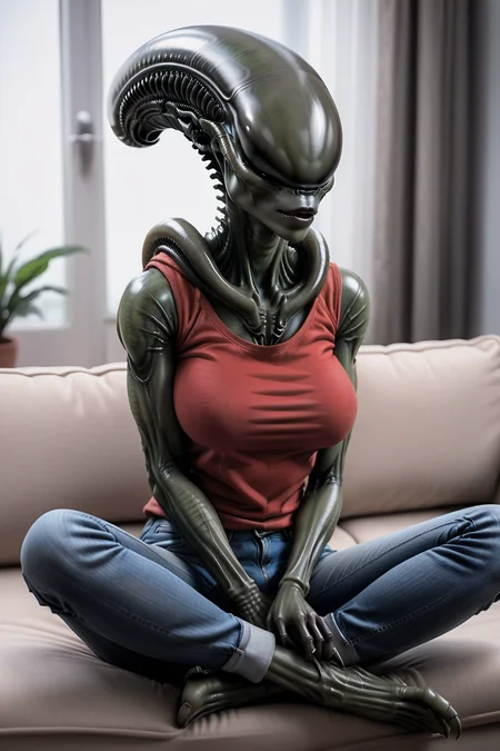 female xenomorph woman sitting on couch in casual clothes, jeans and red top, waifu, tail, cross-legged, frontal view <lora:female_xenomorph_xenowaifu_sdxl:0.8>