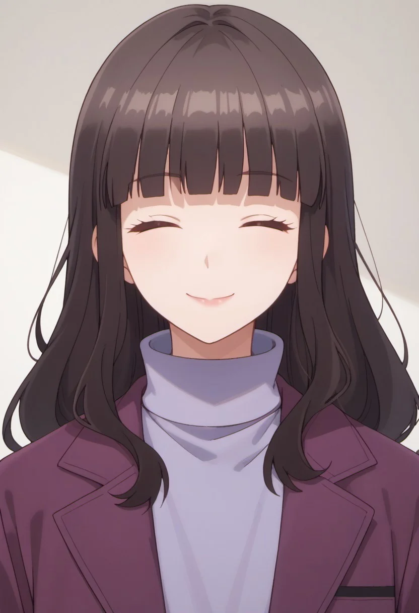 score_9, score_8_up, score_7_up, source_anime, fujimiya shihoko, long hair, dark brown hair, 1girl, solo, closed eyes, smile, facing viewer, closed mouth, blunt bangs, turtleneck, purple jacket, jacket