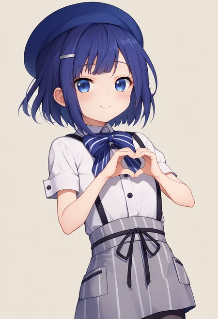 score_9, score_8_up, score_7_up, score_6_up, score_5_up, score_4_up, masterpiece, source_anime BREAK 1girl, ct-fuyu, flat chest, blue hair, short hair, blue eyes, hairclip, blue beret, white collared shirt, short sleeves, striped bow, suspender skirt, black pantyhose, beige background, simple background, looking at viewer, blush, dutch angle, light smile, heart hands <lora:Fuiba_Fuyu_PONY_c:1>