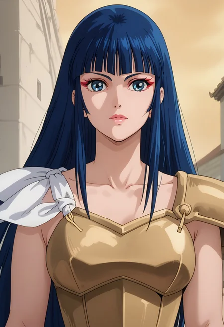 score_9, score_8_up, score_7_up, realistic, fine anime screencap_xl, anime screencap, ladykayura, kayura, ronin warriors, solo, 1girl, retro, blue hair, 1980s (style), bangs, long hair, blue eyes, portrait, makeup, armor, shoulder armor, gloves, swords
