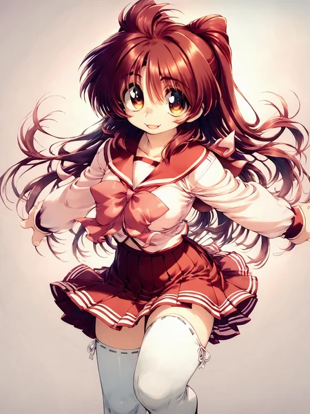 score_9, score_8_up, score_7_up, score_6_up, score_5_up, score_4_up, source_anime, <lora:kousaka_tamaki_pony_ver2:0.9> kousaka_tamaki, brown eyes, red hair, long hair, school uniform, serafuku, long sleeves, pleated skirt, white thighhighs, smile, IoIi, <lora:Ippongi_Ban_Artist_Style_PonyXL:1.2>