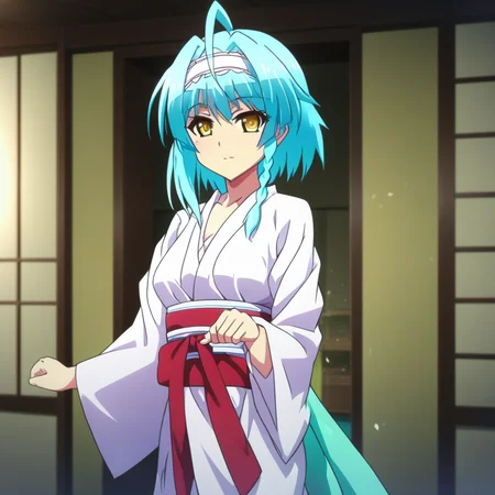 score_9, score_8_up, score_7_up, source_anime, NonakaYuki, 1girl, solo, closed mouth, light smile, blush, aqua hair, yellow eyes, side braid, YukiWedding, japanese clothes, (hood:1.2), white kimono, red sash, standing, looking at the viewer, indoors