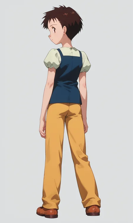 score_9, score_8_up, score_7_up, 1girl, solo, source_anime, pkmArielle, short hair, brown hair, solo, short  short sleeves,  brown eyes<lora:pkmArielle:1> full body, simper background, white background, from behind, looking back, looking at viewer,