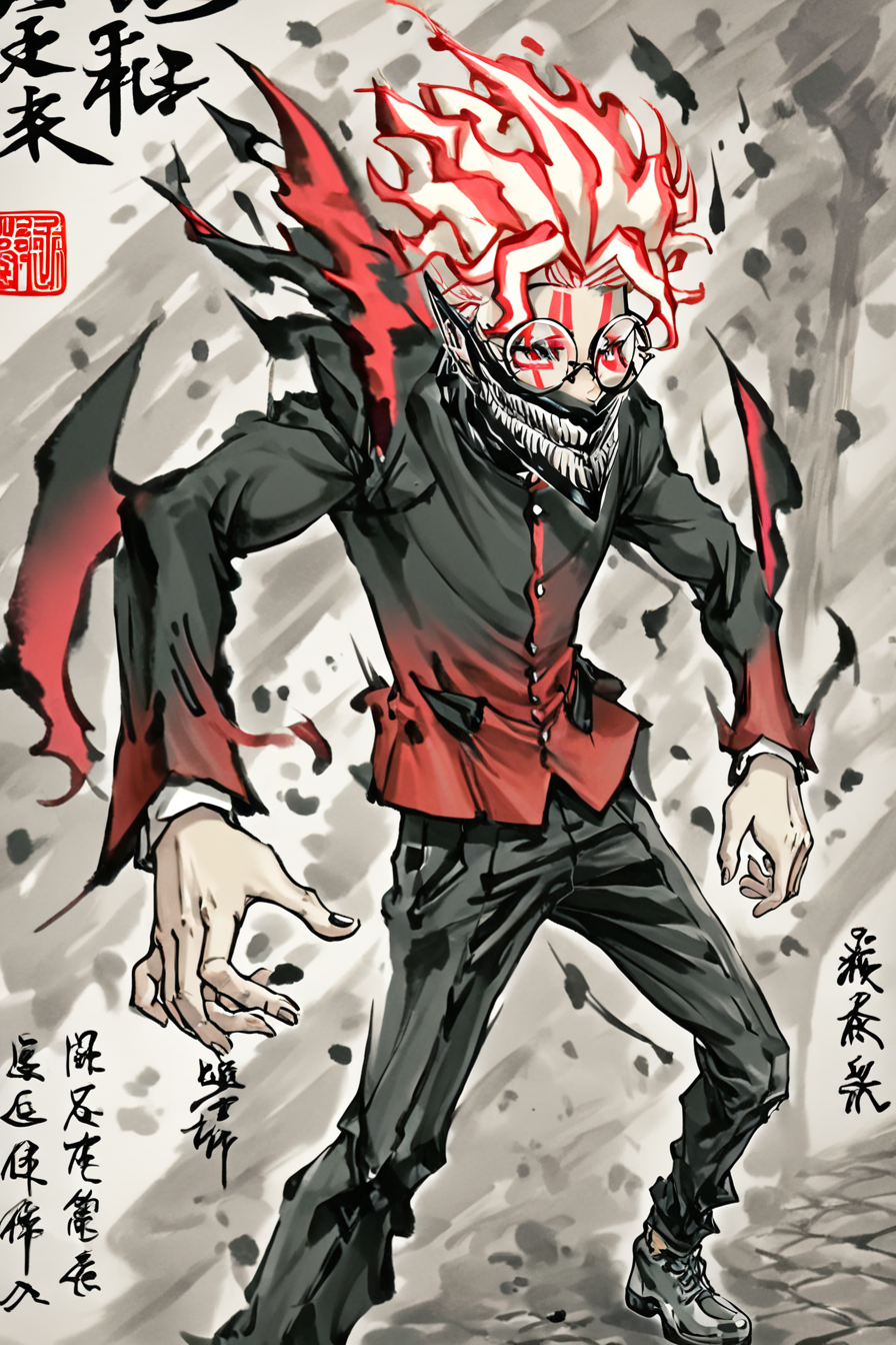 score_9, score_8_up, score_7_up, score_6_up, score_5_up, score_4_up, <lora:ken_takakura_anime_v2-soralz:1> ken takakura, transformation, white hair, red hair, fiery hair, multicolored hair, round eyewear, red eyes, facial mark, jaw mask, teeth,  school uniform, gakuran, long sleeves, black pants, grey footwear, <lora:traditional_japanese_calligraphy:1>, 1boy, solo, alone, standing, traditional japanese calligraphy,  masterpiece, highres